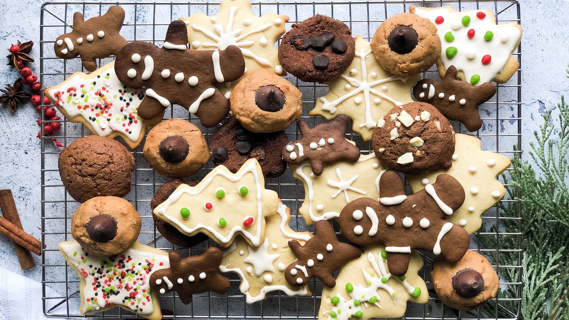 Plusieurs sortes de biscuits de Noël santé décorés situés sur une plaque de cuisine