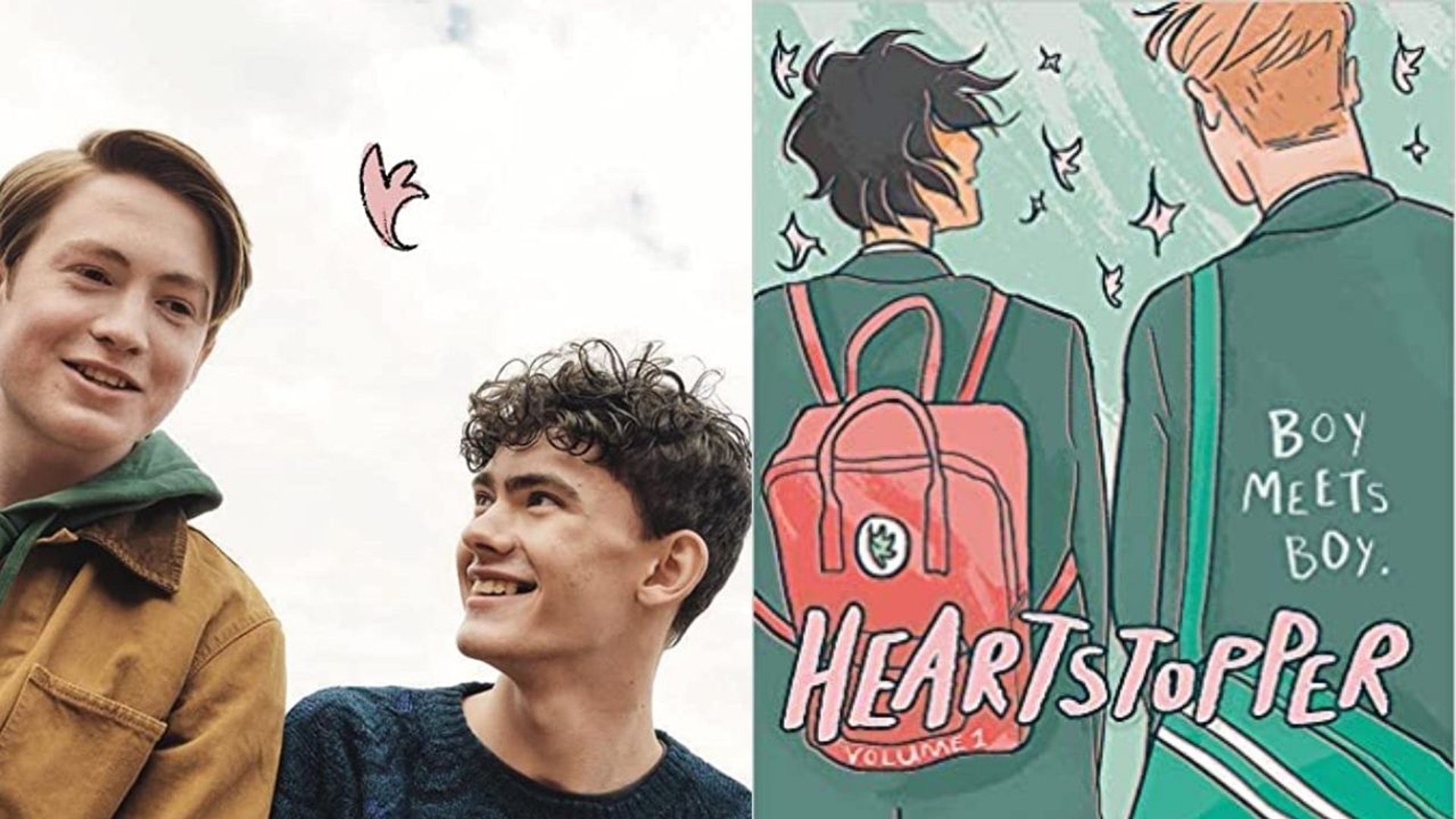 Acteurs jouant les rôles de Nick Nelson et Charlie Spring dans la série Netflix adaptée des livres « Heartstopper » à côté de la page couverture du premier livre.