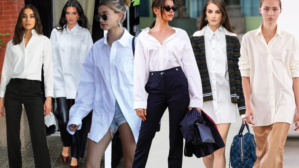Six femmes connues dans le monde de la mode portent une chemise simple blanche en la stylisant de manières différentes.
