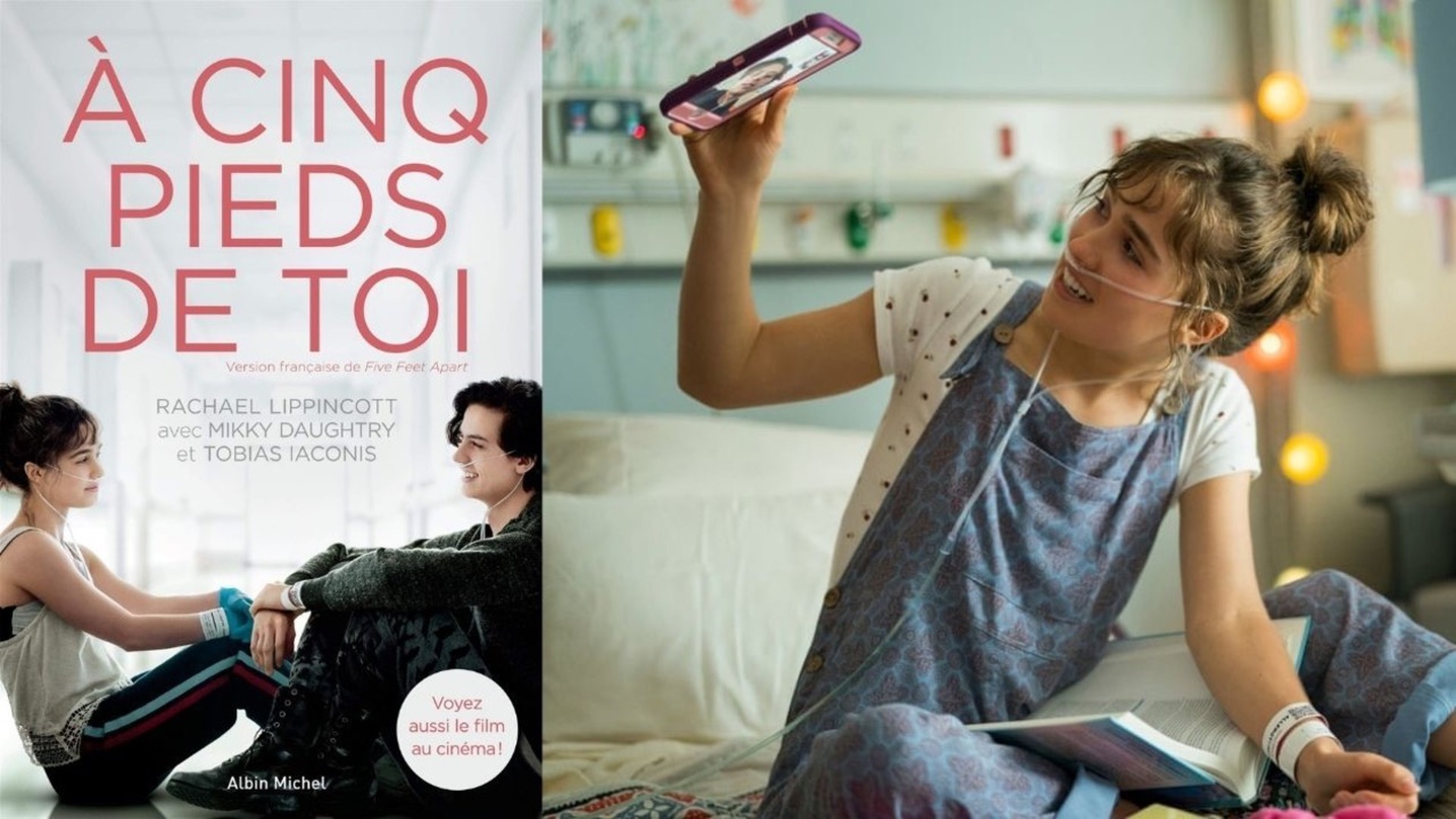 Couverture du livre «À cinq pieds de toi» positionnée suite à une image du film adapté de l'ouvrage, où Stella parle au téléphone.