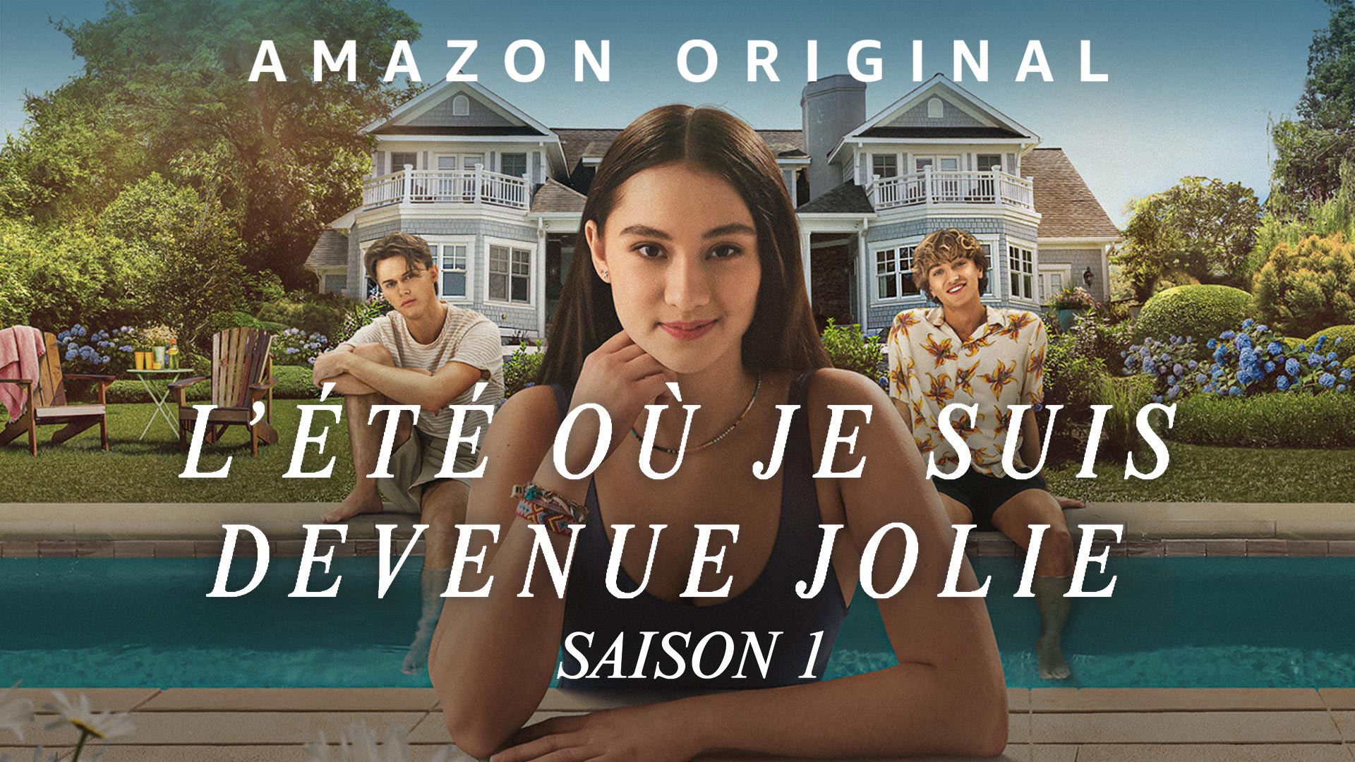 Affiche de la série télévisée «L'été où je suis devenue jolie» représentant les personnages de Belly, Jeremiah et Conrad sur le bord d'une piscine